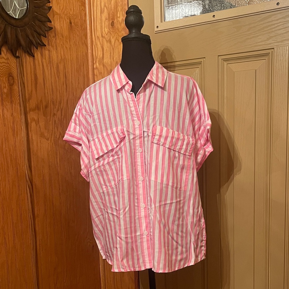 beachlunchlounge Pink and White Striped Blouse